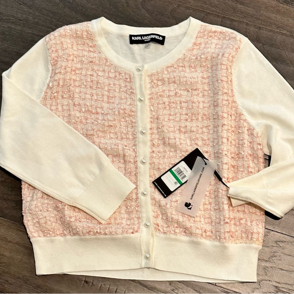 NWT Karl Lagerfeld Pink & White Pearl Accent buttons Cardigan - so Pretty